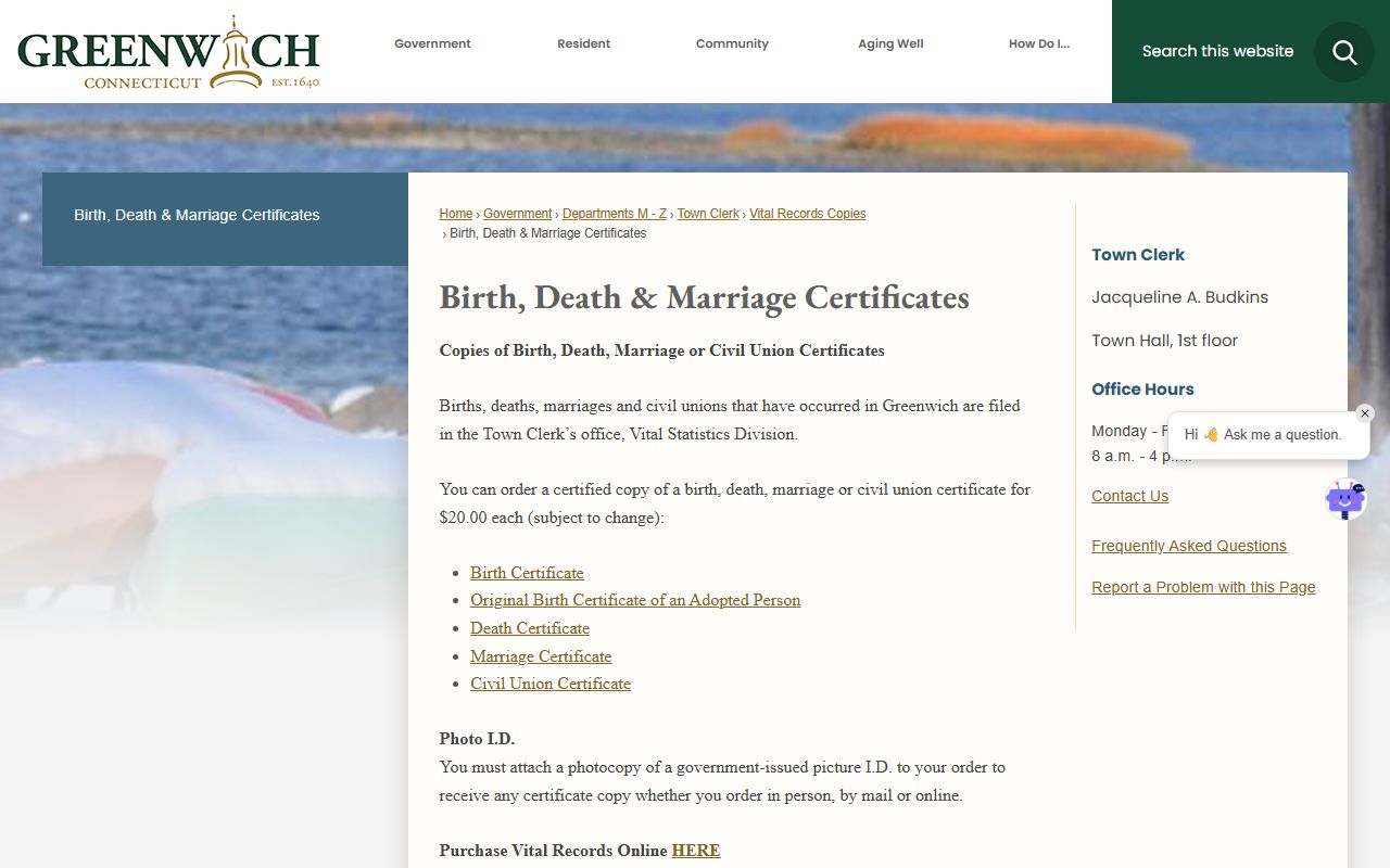 Greenwich Town Clerk office where couples apply for marriage licenses