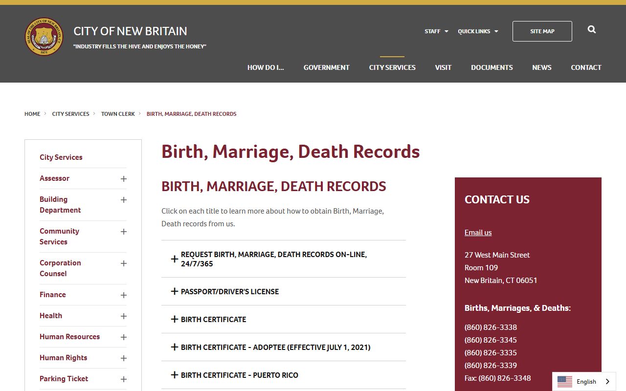 New Britain Town Clerk office where couples apply for marriage licenses